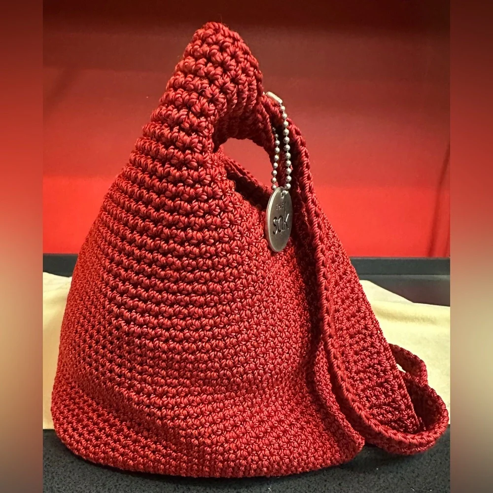 The Sak Red Crochet Hobo Double Strap Shoulder Bag Nice Size 9”x7”x7”